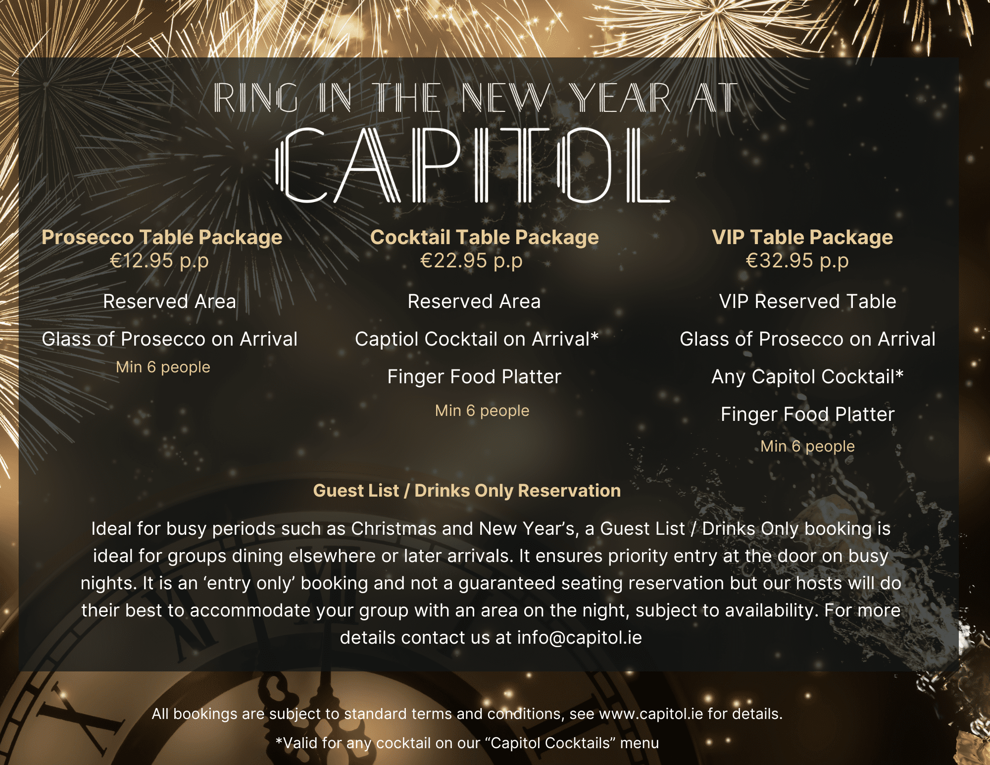 New Years Eve bookings at capitol 2023